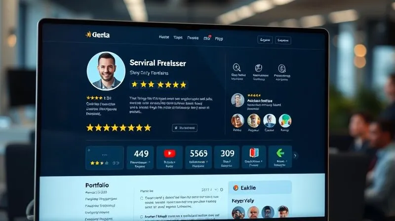 A photorealistic image of a professional tech freelancer's profile page on a digital platform, showcasing a compelling headshot, glowing 5-star reviews, a detailed portfolio with project thumbnails, and skill badges. The screen has cinematic lighting and sharp focus, with a depth of field blurring a modern office background. 8K hyper-detailed, professional photography.