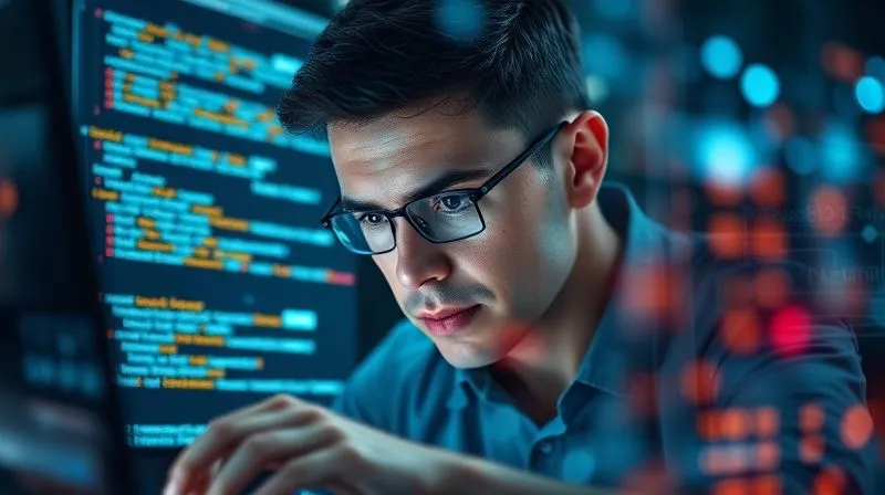 A photorealistic image of a tech professional deeply focused on a complex coding interface, surrounded by holographic data visualizations representing blockchain nodes and AI algorithms. Cinematic lighting highlights the intense concentration, sharp focus on the developer's face and screen, depth of field blurring the futuristic tech environment. 8K hyper-detailed, professional photography.