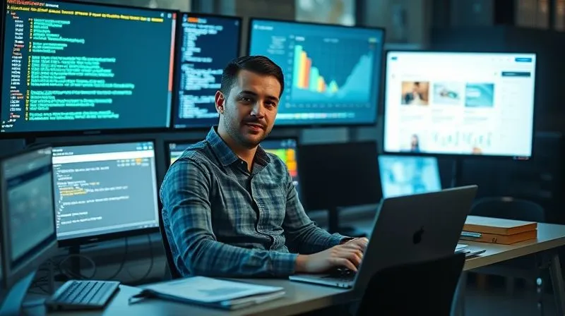 A photorealistic image of a tech freelancer sitting confidently at a modern desk, surrounded by multiple glowing screens displaying various income streams: a coding interface, a sales dashboard for a digital product, and a project management tool. Cinematic lighting, sharp focus on the freelancer and screens, depth of field blurring the background. 8K hyper-detailed, professional photography.