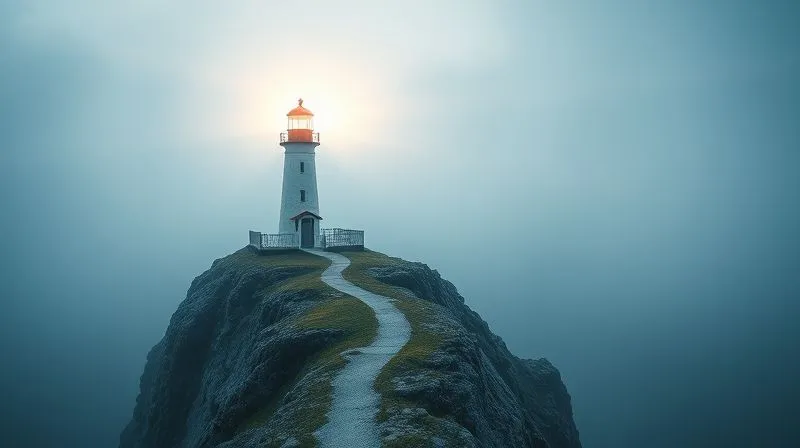 Photorealistic, professional photography, 8K, cinematic lighting, sharp focus, depth of field, shot on a high-end DSLR. A single, distinct lighthouse beam cutting through a dense digital fog, illuminating a clear path. The lighthouse stands on a rugged cliff overlooking a vast, interconnected digital ocean, symbolizing unique personal branding amidst market noise. The mood is hopeful and guiding.