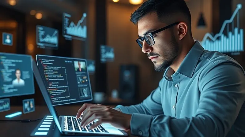 Photorealistic, professional photography, 8K, cinematic lighting, sharp focus, depth of field, shot on a high-end DSLR. A skilled tech professional, with a thoughtful expression, typing on a glowing holographic keyboard, surrounded by floating screens displaying code, articles, and video thumbnails. The scene emphasizes content creation and strategic digital presence, with subtle upward-trending graphs in the background, symbolizing growth and visibility. The lighting is warm and inviting.