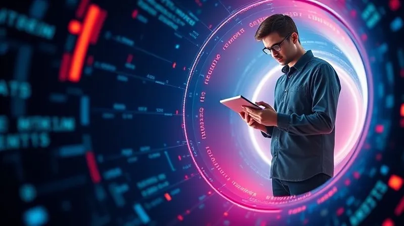 Photorealistic, professional photography, 8K, cinematic lighting, sharp focus, depth of field, shot on a high-end DSLR. A stylized, glowing digital funnel with data streams flowing into it, narrowing down to a single, bright output. Above the funnel, a tech professional is confidently overseeing the process on a tablet. The scene conveys efficient lead generation and client acquisition in the digital realm. The colors are vibrant, highlighting the flow of information.