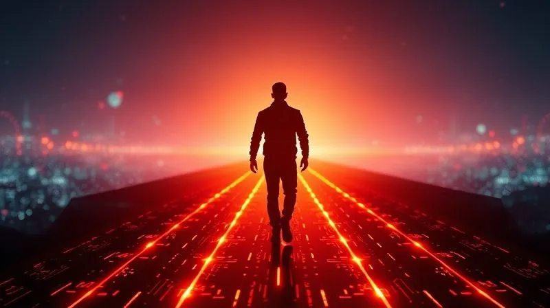 Photorealistic, professional photography, 8K, cinematic lighting, sharp focus, depth of field, shot on a high-end DSLR. A single, illuminated path stretching into the distance on a digital landscape, with a silhouette of a confident tech professional walking towards a bright horizon. The path is made of glowing data lines, symbolizing clear direction and progress. The background is a vibrant, interconnected digital world, suggesting endless opportunities. The mood is inspiring, hopeful, and forward-looking.