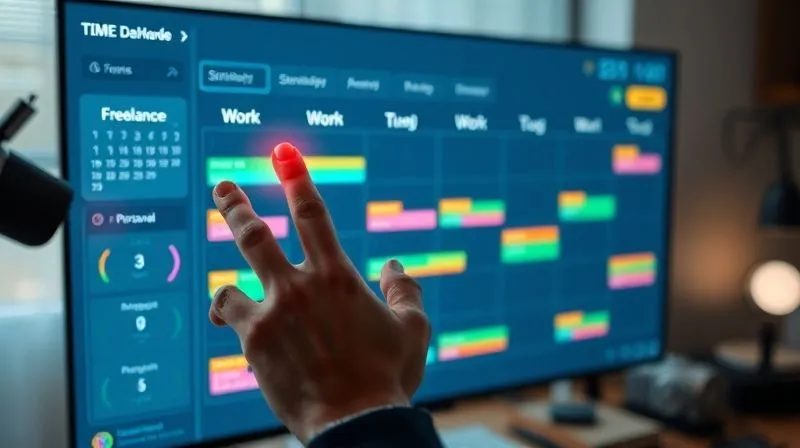 Photorealistic image of a sleek digital dashboard displaying a calendar with color-coded time blocks for 'work', 'freelance', and 'personal'. A focused hand, illuminated by screen light, is interacting with a touch screen, demonstrating efficient time management. The background is slightly blurred, showing a modern, minimalist home office setup. 8K, cinematic lighting, sharp focus, depth of field, shot on a high-end DSLR.