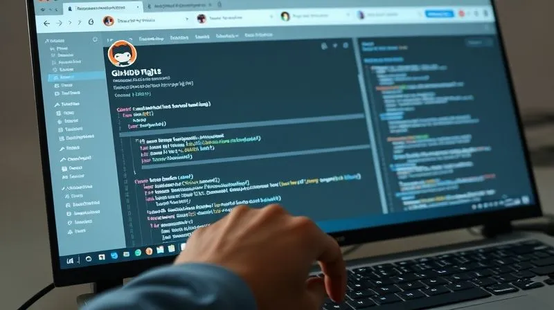 Photorealistic image of a clean, modern GitHub profile page on a large monitor, displaying a well-documented open-source project. Code snippets are visible, and there are subtle indications of collaboration and contributions. A person's hand is hovering over a keyboard, ready to type. 8K, cinematic lighting, sharp focus, depth of field, shot on a high-end DSLR.