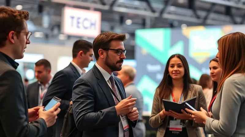 Photorealistic image of a diverse group of tech professionals networking at a modern industry event. They are engaged in conversations, exchanging business cards, and making connections. The background features subtle branding of a tech conference. 8K, cinematic lighting, sharp focus, depth of field, shot on a high-end DSLR.