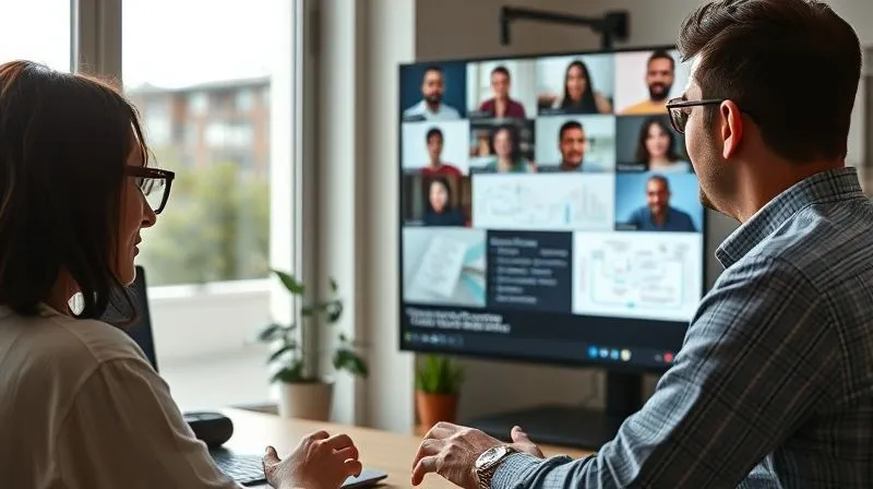 Photorealistic image of a tech professional leading an online workshop, with multiple diverse participant faces visible in video call windows on a large screen. The instructor is animated and engaging, pointing to a complex architecture diagram on their own screen. The setting is a modern, well-lit home office. 8K, cinematic lighting, sharp focus, depth of field, shot on a high-end DSLR.