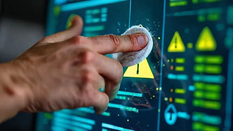 A photorealistic close-up of a hand meticulously cleaning a digital screen, with pixelated dust and warning symbols being wiped away, revealing a clear, vibrant interface. Cinematic lighting, sharp focus on the hand and screen, depth of field blurring the background. Shot on a high-end DSLR, 8K hyper-detailed, conveying careful maintenance and attention to detail in digital account management.