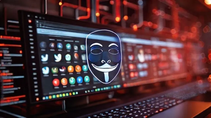 A photorealistic image showing a digital interface with multiple browser tabs, each displaying a different social media or ad platform logo, all connected through a complex, glowing network of proxy servers and anti-detect browsers. A digital mask icon overlays the entire system, symbolizing anonymity and protection. Cinematic lighting, sharp focus on the interface, depth of field blurring the background. Shot on a high-end DSLR, 8K hyper-detailed, conveying advanced digital identity management.