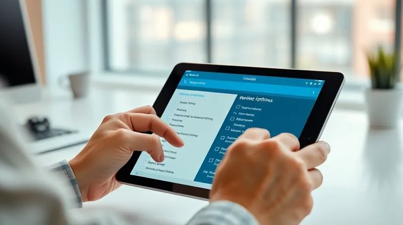 A photorealistic image of a person's hand meticulously checking a checklist on a digital tablet, with various WordPress theme options displayed on the screen. The background is a clean, modern workspace with soft, cinematic lighting. 8K hyper-detailed, professional photography, shot on a high-end DSLR.