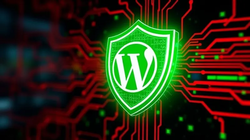 A photorealistic image of a digital shield glowing with green light, protecting a complex network of WordPress website elements. The shield is vibrant and strong, set against a dark, slightly blurred background of cyber threats represented by abstract red lines. Cinematic lighting, sharp focus on the shield, depth of field. 8K hyper-detailed, professional photography, shot on a high-end DSLR.