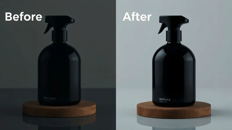 A split image showing a 'before' and 'after' product photo. The 'before' is slightly dim and underexposed, with dull colors. The 'after' is bright, sharp, and vibrant, showcasing the product clearly with balanced colors and enhanced details. Photorealistic, professional photography, 8K, cinematic lighting, sharp focus.