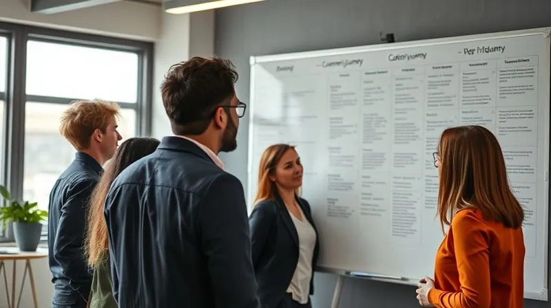 A photorealistic image of a diverse group of professionals looking intently at a whiteboard filled with customer journey maps and persona profiles, brainstorming ideas in a modern, brightly lit office. Cinematic lighting, sharp focus on the whiteboard, depth of field. 8K hyper-detailed, professional photography, shot on a high-end DSLR.