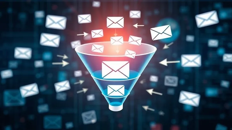 A photorealistic image depicting a complex but flowing digital marketing funnel, with email icons moving through different stages (awareness, consideration, decision). Arrows show progression and engagement. Cinematic lighting, sharp focus on the funnel, depth of field. 8K hyper-detailed, professional photography, shot on a high-end DSLR.