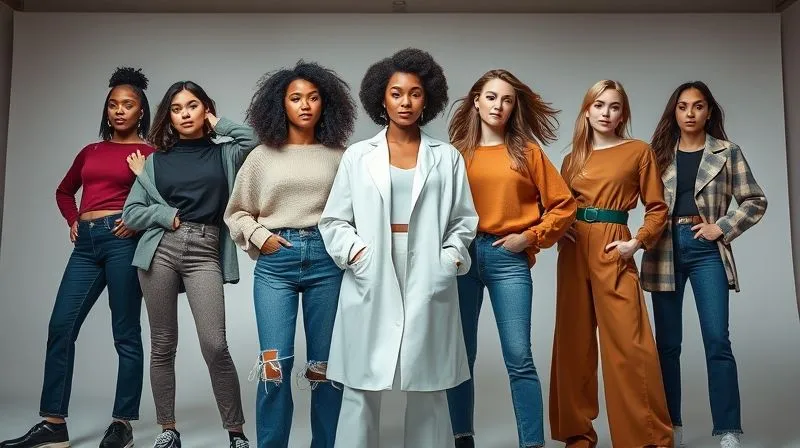 A photorealistic, professional photography, 8K, cinematic lighting, sharp focus, depth of field, shot on a high-end DSLR, of a diverse group of models (different body types, ethnicities) wearing stylish, modern clothing from an online store, posing confidently in a minimalist, well-lit studio setting. The clothing details are crisp and vibrant, conveying quality and appeal.