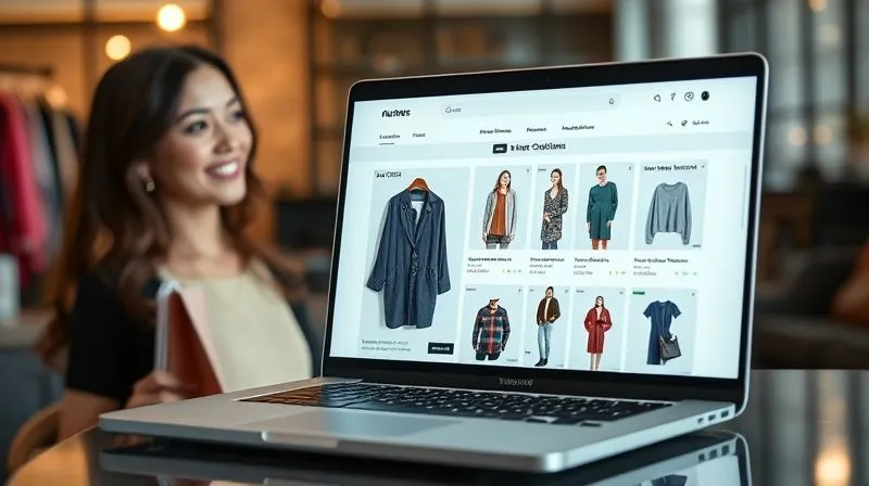 A photorealistic, professional photography, 8K, cinematic lighting, sharp focus, depth of field, shot on a high-end DSLR, of a beautifully designed e-commerce interface on a laptop screen, displaying highly personalized clothing recommendations based on user preferences. On the side, a stylish woman is smiling, holding a shopping bag, looking satisfied, suggesting a successful shopping experience.