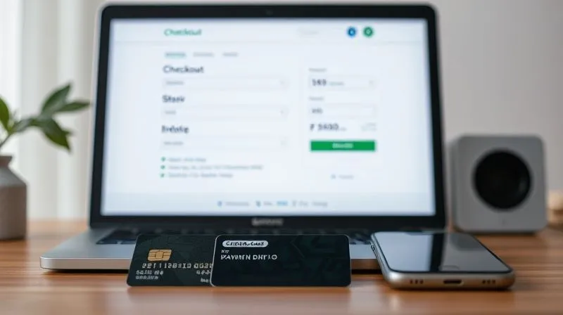 A photorealistic, professional photography, 8K, cinematic lighting, sharp focus, depth of field, shot on a high-end DSLR, of a clean, minimalist e-commerce checkout page on a desktop computer, showing clear steps and multiple payment options. In the foreground, a credit card and a smartphone with a digital wallet app are ready, symbolizing ease and security of payment.