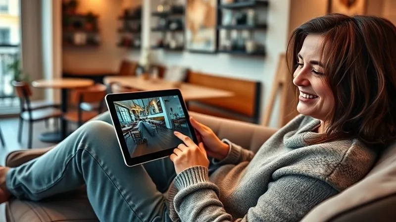 A photorealistic image of a person sitting comfortably on a sofa at home, using a tablet to navigate a vivid 360-degree virtual tour of a local cafe. The tablet screen shows the cafe interior in detail, while the person smiles, looking engaged. Soft, warm ambient lighting, 8K hyper-detailed, professional photography, shot on a high-end DSLR.