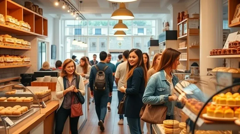 A photorealistic image of a busy, cozy bakery interior, with customers happily interacting and buying pastries. The scene is bright and inviting, with a subtle overlay of a digital interface showing a heatmap of customer engagement areas within a virtual tour. Cinematic lighting, sharp focus on the customers and products, depth of field blurring the background, 8K hyper-detailed, professional photography, shot on a high-end DSLR.