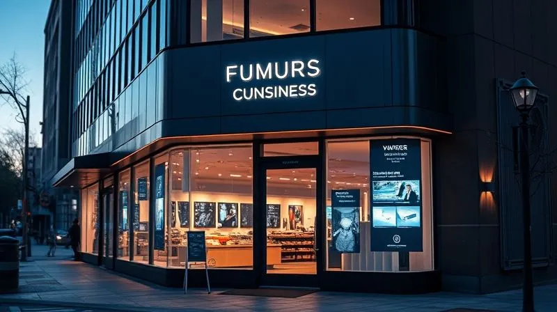 A photorealistic image of a futuristic, sleek local business storefront at dusk, with augmented reality elements seamlessly integrated into the physical display, showcasing product information and interactive virtual tour options to passersby. The scene has a soft, glowing, high-tech aesthetic, cinematic lighting, sharp focus on the storefront, depth of field blurring the urban background, 8K hyper-detailed, professional photography, shot on a high-end DSLR.