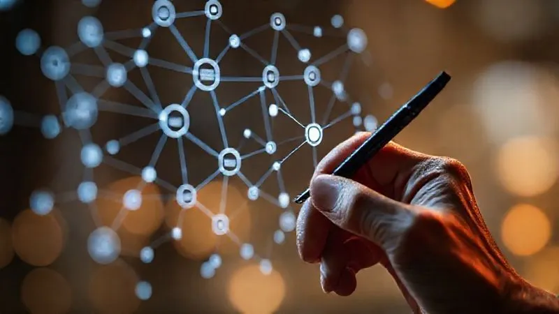 A photorealistic image of a translator's hand, holding a stylus, interacting with a holographic interface showing a network of interconnected nodes representing clients, projects, and professional connections. Futuristic, cinematic lighting, sharp focus on the hand and hologram, depth of field. 8K hyper-detailed, professional photography, shot on a high-end DSLR.