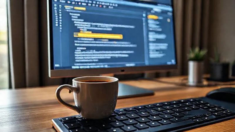 A photorealistic image of a translator's workspace, featuring a sleek monitor displaying a CAT tool interface with translation memory segments highlighted. A cup of coffee and a modern keyboard are in the foreground. Cinematic lighting, sharp focus on the screen, depth of field. 8K hyper-detailed, professional photography, shot on a high-end DSLR.