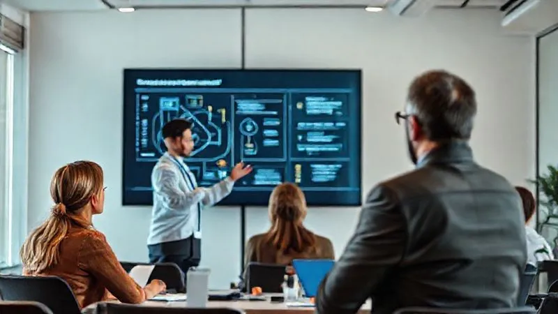 A photorealistic image of a translator, now also acting as a consultant, presenting a complex strategy on a large screen to a small group of attentive business professionals. The room is modern and bright, with a collaborative atmosphere. Cinematic lighting, sharp focus on the presenter and screen, depth of field. 8K hyper-detailed, professional photography, shot on a high-end DSLR.