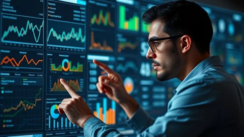 A photorealistic image of a data analyst looking at a complex dashboard with multiple charts and graphs, pointing at a specific data point with a thoughtful expression. The dashboard shows website traffic, conversion rates, and user engagement. Cinematic lighting, sharp focus on the analyst and the dashboard, depth of field. 8K hyper-detailed, professional photography, shot on a high-end DSLR.