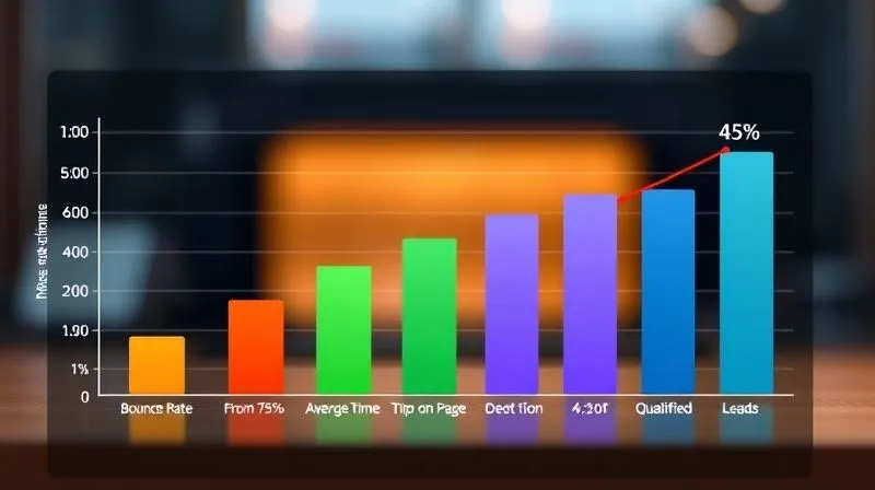 A photorealistic bar chart showing significant improvement in key metrics over time: 'Bounce Rate' decreasing from 75% to 45%, 'Average Time on Page' increasing from 1:30 to 4:15, and 'Qualified Leads' quadrupling. The chart has a modern, clean design with cinematic lighting, sharp focus, and depth of field. 8K hyper-detailed, professional photography, shot on a high-end DSLR.