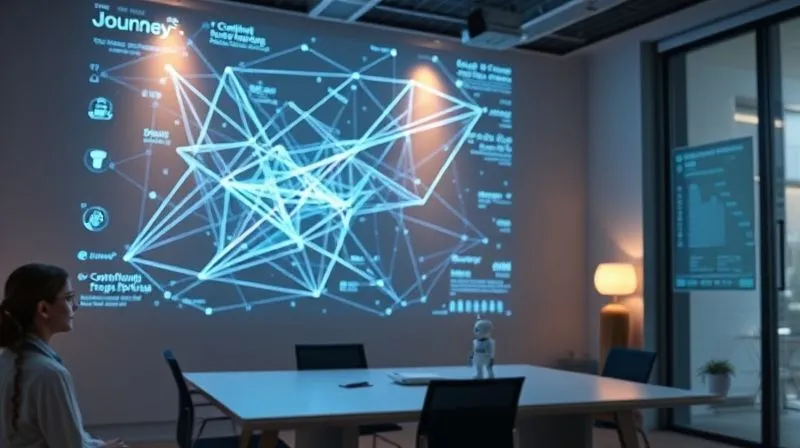 A photorealistic image of a futuristic data visualization projected in a sleek, minimalist office. The visualization shows intertwining lines representing user journeys and content attribution models, with small AI robots assisting in data interpretation. Cinematic lighting, sharp focus on the holographic data, depth of field. 8K hyper-detailed, professional photography, shot on a high-end DSLR.