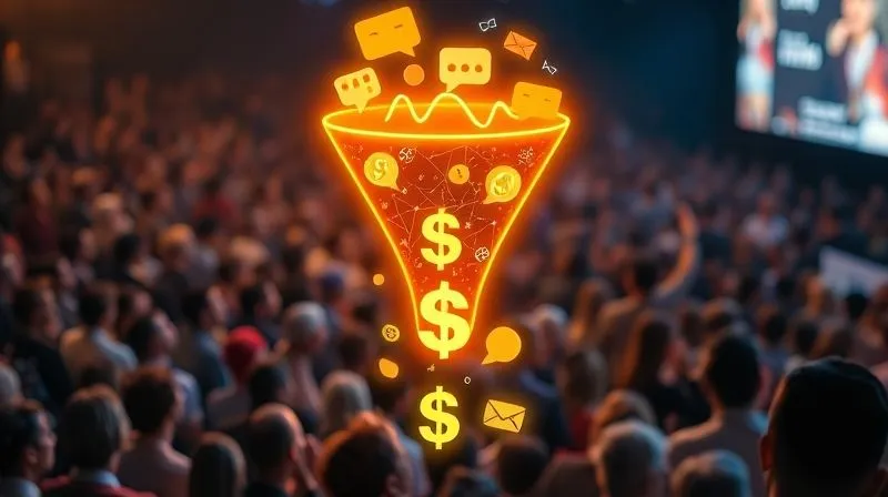 A photorealistic image of a vibrant, glowing funnel diagram, with radio waves and chat bubbles entering the top, and dollar signs and subscription icons emerging from the bottom. Cinematic lighting, sharp focus on the transformation, depth of field blurring a diverse audience in the background, 8K hyper-detailed, professional photography, shot on a high-end DSLR.