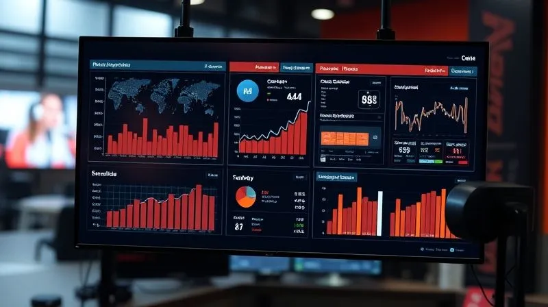 A photorealistic image of a modern digital dashboard displaying real-time audience engagement metrics, chat sentiment analysis, and demographic data, with targeted advertising banners seamlessly integrated. Cinematic lighting, sharp focus on the data visualization, depth of field blurring a radio studio in the background, 8K hyper-detailed, professional photography, shot on a high-end DSLR.