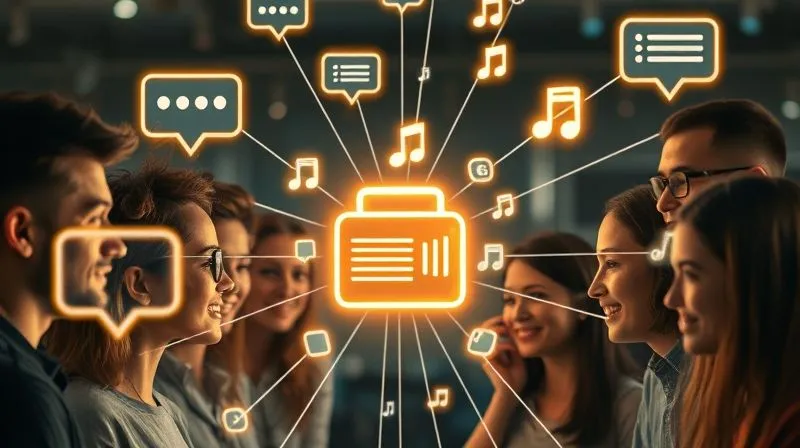 A photorealistic image of a diverse group of people from different backgrounds interacting harmoniously within a digital interface, represented by glowing chat bubbles, interconnected lines, and shared music notes, all emanating from a central radio icon. Cinematic lighting, sharp focus on the sense of community and connection, depth of field blurring individual faces slightly, 8K hyper-detailed, professional photography, shot on a high-end DSLR.