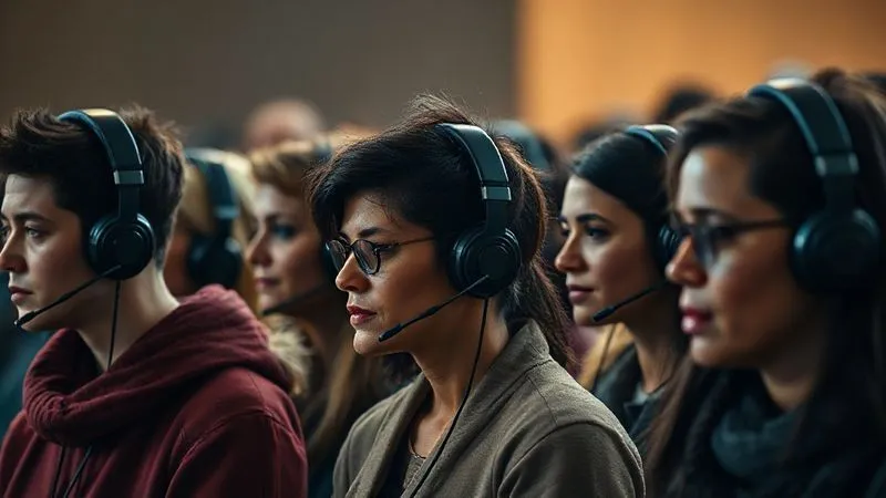 A photorealistic image of a diverse group of people listening intently to headphones, each with a unique expression, cinematic lighting, sharp focus, depth of field, 8K hyper-detailed, professional photography, shot on a high-end DSLR.