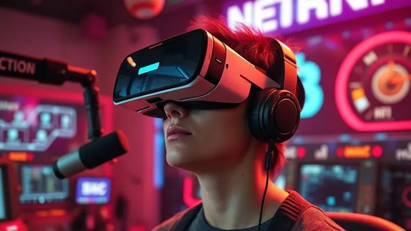 A photorealistic image of a person wearing sleek VR goggles, immersed in a vibrant, futuristic radio broadcast environment, with interactive elements floating around them, cinematic lighting, sharp focus on the person, depth of field, 8K hyper-detailed, professional photography, shot on a high-end DSLR.