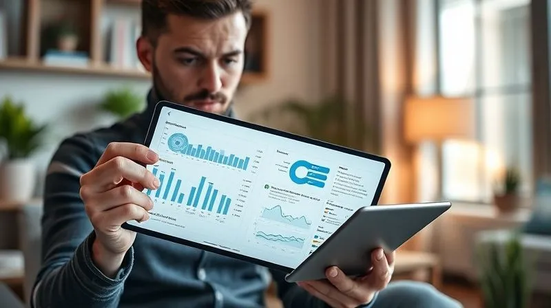 A photorealistic image of a professional online tutor, with a focused expression, analyzing a student's diagnostic test results displayed on a sleek tablet, showing various data visualizations like bar charts and word clouds. Cinematic lighting, sharp focus on the data, depth of field blurring a modern home study background, 8K hyper-detailed, professional photography.