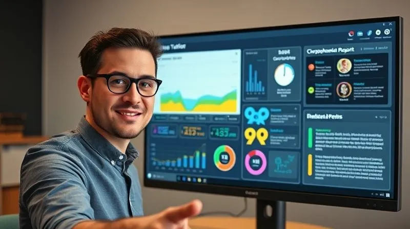 A photorealistic image of a professional online tutor, with a confident and analytical expression, presenting a student's comprehensive progress report on a large, high-resolution monitor. The screen displays clear data trends, achievement badges, and personalized learning path recommendations. Cinematic lighting, sharp focus on the monitor and the tutor's hand gesturing, depth of field blurring the background, 8K hyper-detailed, professional photography.