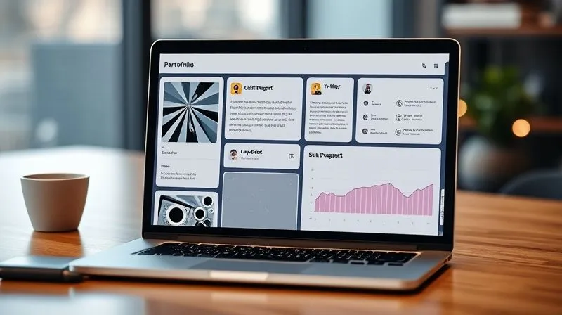 A photorealistic image of a digital portfolio interface displayed on a sleek laptop screen, showcasing various student works: a graphic design project, a written essay with tracked changes, a coding snippet, and a progress chart illustrating skill development over time. Cinematic lighting, sharp focus on the screen content, depth of field blurring a modern workspace, 8K hyper-detailed, professional photography.