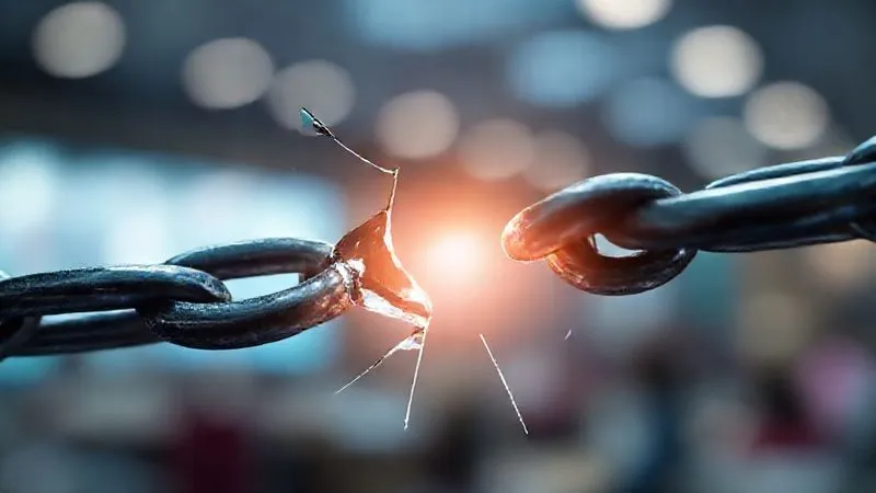 A photorealistic image of a broken chain link representing student churn, with a single link glowing brightly, symbolizing a retained student. The background is blurred, showing a digital learning environment. photorealistic, professional photography, 8K, cinematic lighting, sharp focus, depth of field, shot on a high-end DSLR.