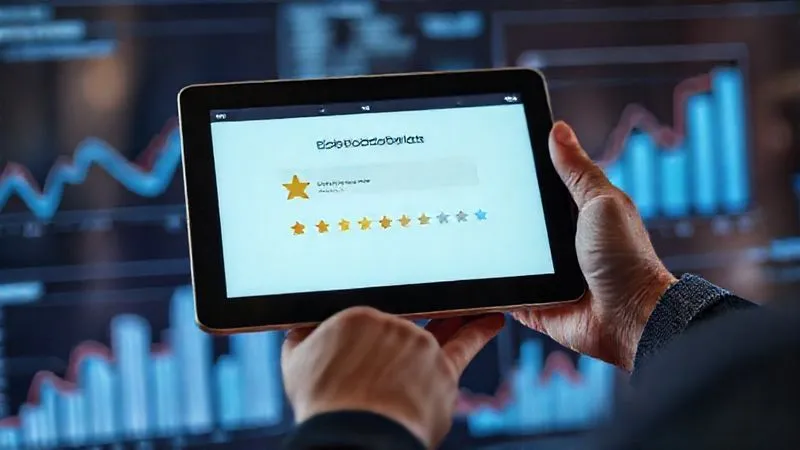 A photorealistic image of a person's hand holding a tablet displaying a feedback form with a positive rating, surrounded by blurred digital graphs showing data analysis. Focus on the human element of feedback. photorealistic, professional photography, 8K, cinematic lighting, sharp focus, depth of field, shot on a high-end DSLR.