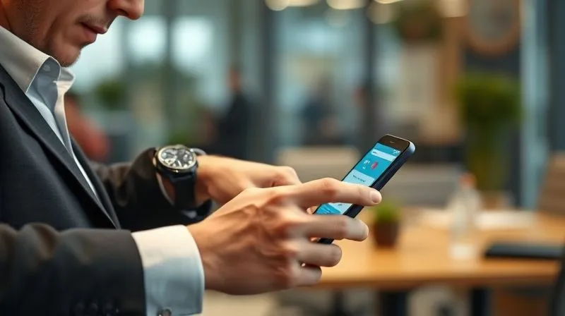 A photorealistic image of a busy executive glancing at their smartwatch, then pulling out a smartphone to quickly engage with a language learning app during a brief break between meetings. The office background is subtly blurred, emphasizing the executive's focused action. Cinematic lighting, sharp focus on the phone and the executive's hands, 8K hyper-detailed, professional photography, shot on a high-end DSLR.