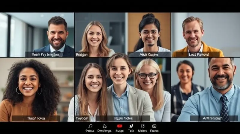 A photorealistic image of a diverse group of professionals from different countries engaged in a lively virtual language exchange session on a video conferencing platform. Each participant is smiling and actively speaking, with subtitles indicating different languages. Cinematic lighting, sharp focus on the faces, depth of field blurring the background, 8K hyper-detailed, professional photography, shot on a high-end DSLR.