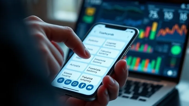 A photorealistic close-up of a high-end smartphone screen displaying a language learning app with flashcards, an executive's hand tapping the screen. In the background, a blurred laptop screen shows business analytics, symbolizing multitasking and efficient use of digital tools. Cinematic lighting, sharp focus on the smartphone, depth of field, 8K hyper-detailed, professional photography, shot on a high-end DSLR.