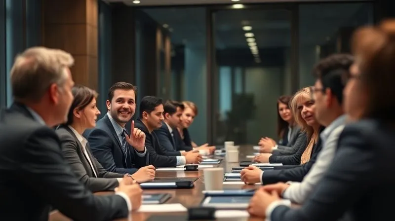 A photorealistic image of a confident executive, impeccably dressed, delivering a presentation in a foreign language to a diverse international audience in a modern boardroom. The executive is smiling, making eye contact, and appears fully engaged, with no signs of stress. Cinematic lighting, sharp focus on the executive, depth of field blurring the audience, 8K hyper-detailed, professional photography, shot on a high-end DSLR.