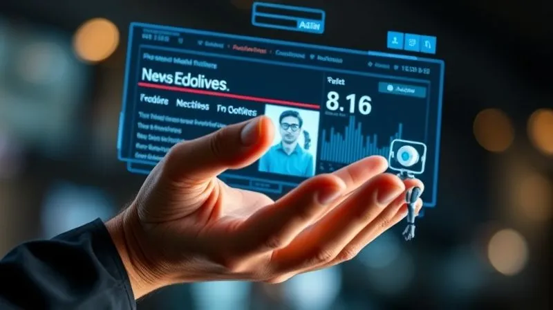 A photorealistic close-up of a human hand interacting with a holographic interface displaying dynamic news headlines and audio waveforms. A small AI robot icon hovers nearby, symbolizing assistance in content creation. Cinematic lighting highlights the interaction, sharp focus on the hand and interface, depth of field blurring the background, 8K hyper-detailed, professional photography, shot on a high-end DSLR.