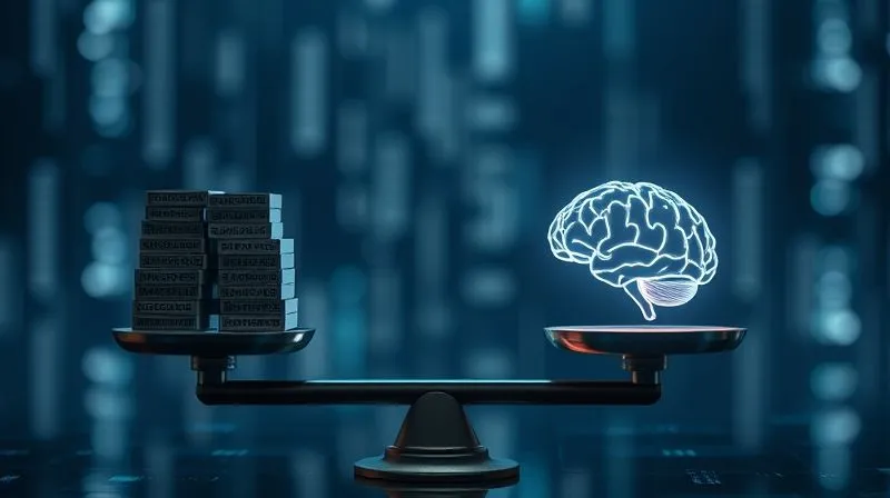 A photorealistic, thought-provoking image of a digital scale balancing a stack of data blocks on one side and a delicate, glowing human brain on the other, symbolizing the ethical dilemma of data privacy versus technological advancement. Soft, cinematic lighting, sharp focus on the scale and its contents, depth of field blurring a subtly futuristic background, 8K hyper-detailed, professional photography, shot on a high-end DSLR.