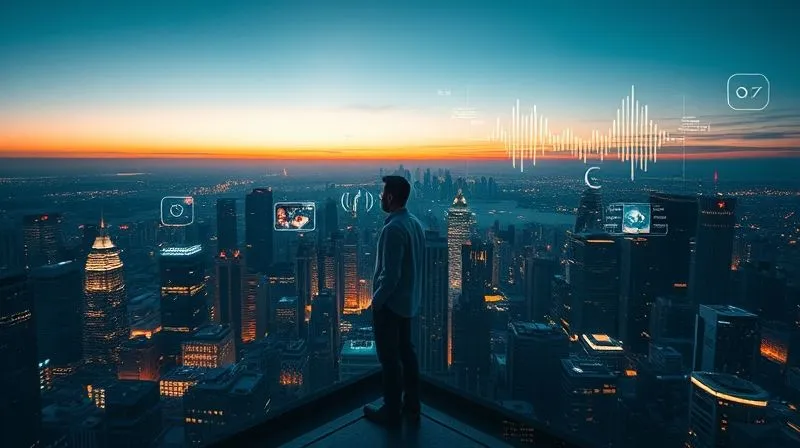 A photorealistic, sweeping panoramic view of a futuristic city skyline at dawn, with holographic news feeds and audio waveforms gently flowing through the air, symbolizing the pervasive and integrated nature of personalized news. A lone figure stands on a rooftop, looking out at the vista, representing a forward-thinking media expert. Cinematic lighting with warm hues, sharp focus on the city and figure, depth of field creating a sense of vastness, 8K hyper-detailed, professional photography, shot on a high-end DSLR.