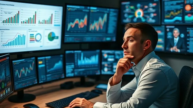 A photorealistic image of a professional at a desk, surrounded by multiple screens showing data analytics, competitor analysis charts, and mind maps, with a thoughtful and strategic expression. Cinematic lighting, sharp focus on the professional, 8K hyper-detailed.