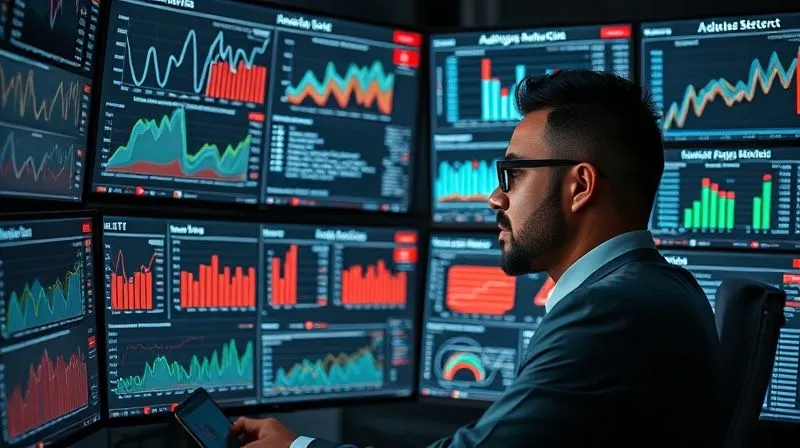 A photorealistic image of a data scientist professional analyzing complex YouTube analytics dashboards on multiple screens, showing graphs and charts indicating audience retention, CTR, and watch time. Cinematic lighting, sharp focus on the data and the professional's focused expression, 8K hyper-detailed.