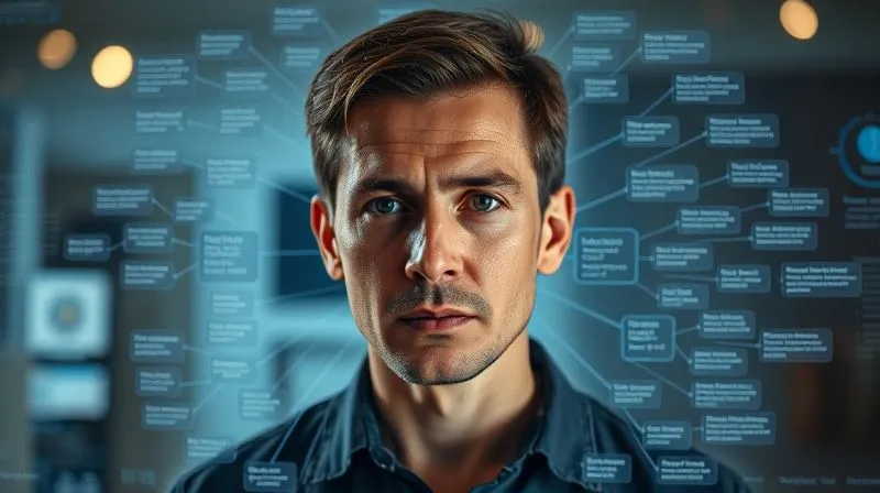 Photorealistic, professional photography, 8K, cinematic lighting, sharp focus, depth of field, shot on a high-end DSLR. A person intently looking at a complex digital mind map on a transparent screen, highlighting interconnected ideas for niche markets and automation points, surrounded by subtle data visualizations. The person has a thoughtful, focused expression.